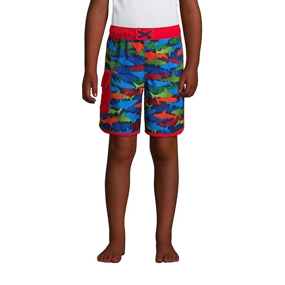 Lands End Boys XL Cargo Pocket Swim Trunks Deep Sea Navy Blue Multi Sharks NWOT